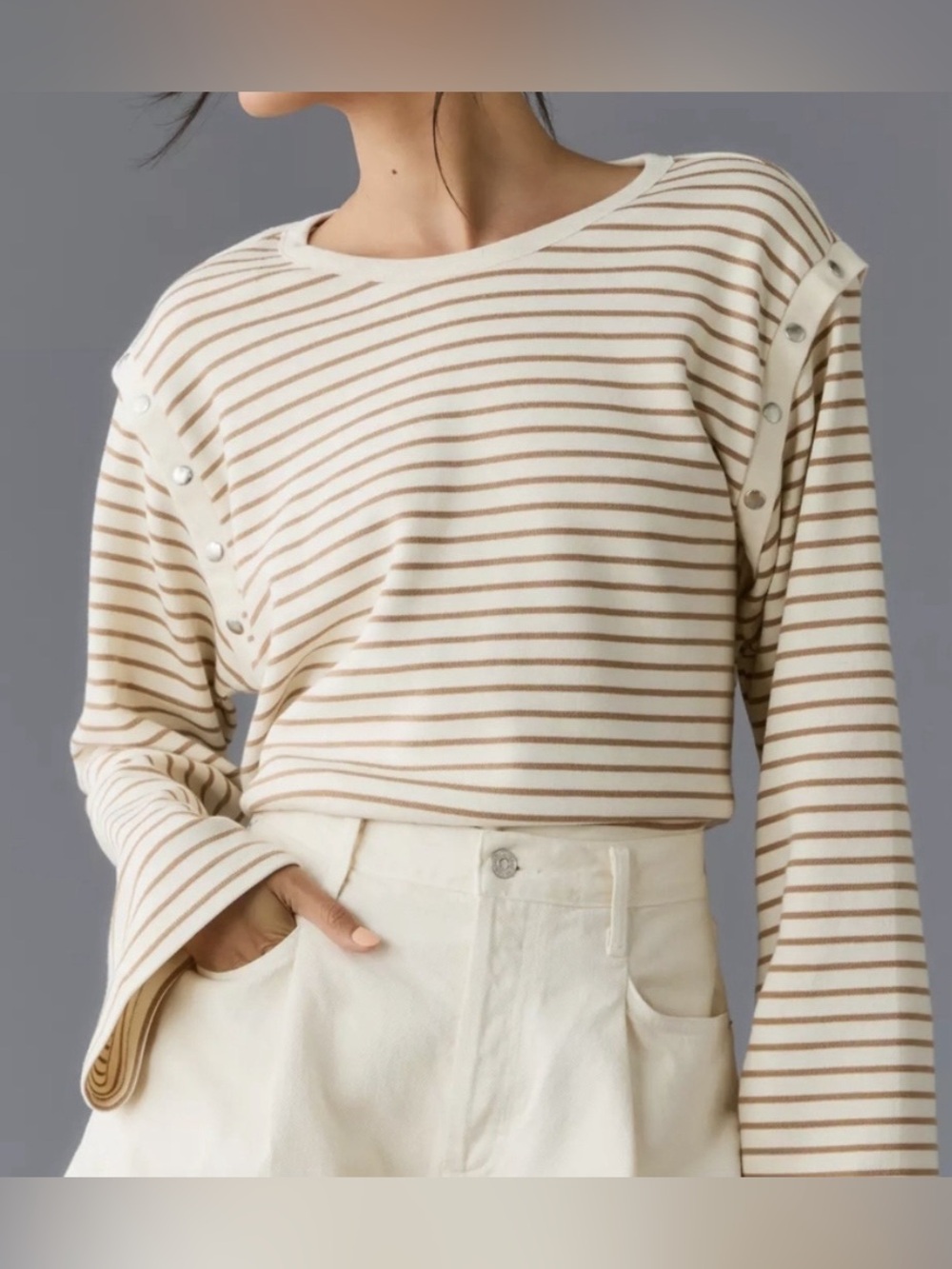 Maeve by Anthropologie Tan and Cream Striped Snap Shoulder Sweater - Size S